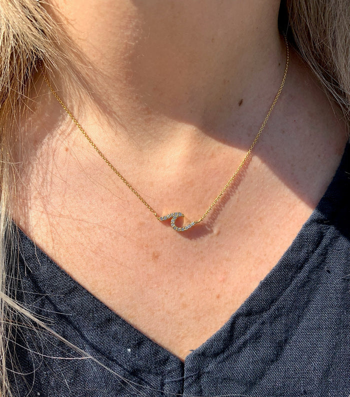 Avianna large wave necklace god on model.