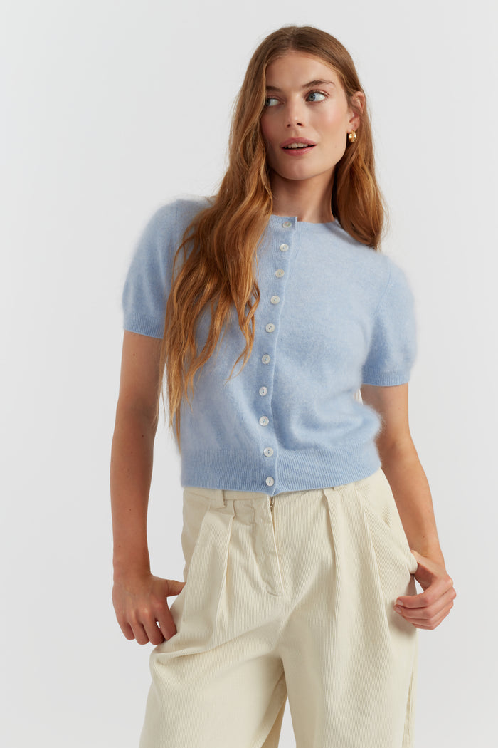 Baby-Blue Brushed Pure Cashmere Button Tee