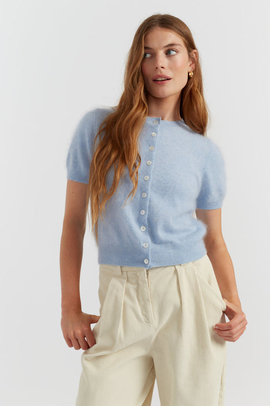 Baby-Blue Brushed Pure Cashmere Button Tee