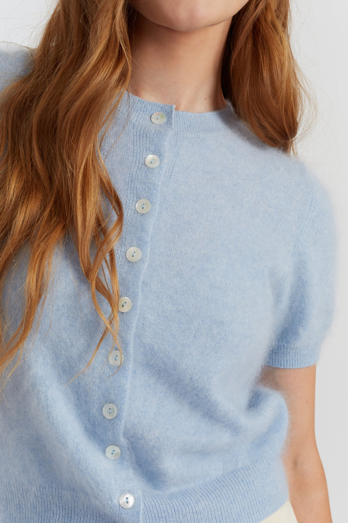 Baby-Blue Brushed Pure Cashmere Button Tee