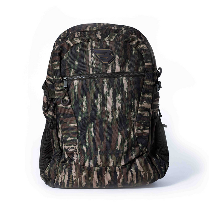 Camouflage backpack with a brand logo on a white background