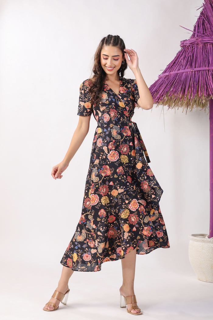 Bagru Jaal on Black Wrap Around Cotton Dress