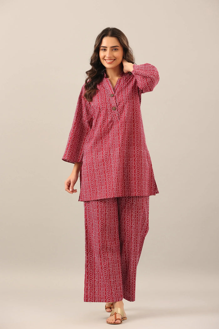 Bandhej on Maroon Cotton Palazzo Loungewear Set