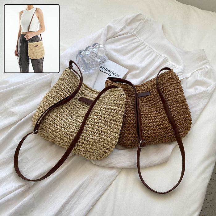 Two woven handbags with brown straps on a white surface, with a person wearing one of them in an inset image.
