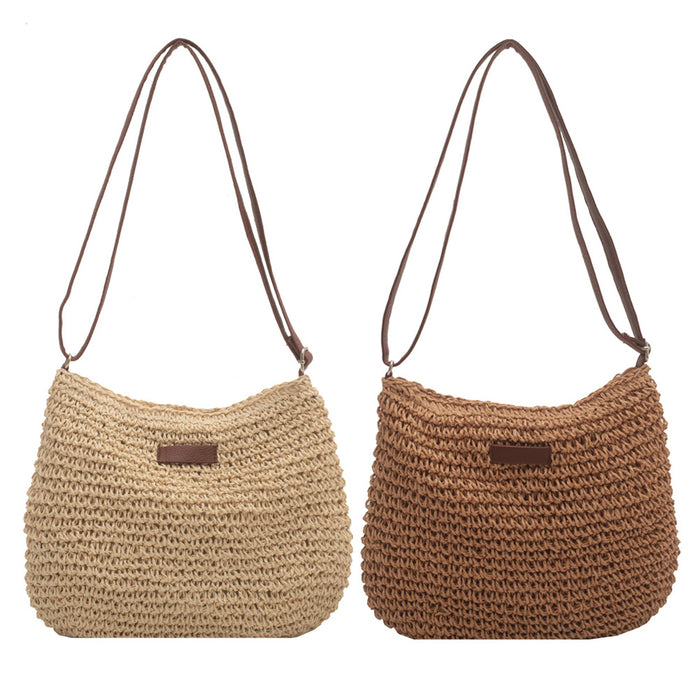 Two woven handbags, one beige and one brown, on a white background.