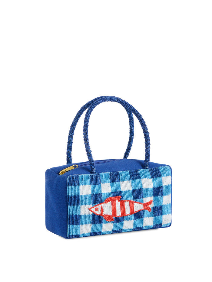 Small handbag with blue and white checkered pattern and red fish design on a white background