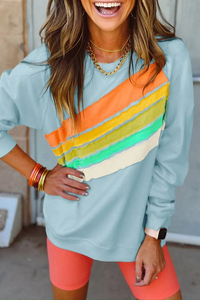 Shop Beau Blue Rainbow Colorblock Striped Pullover Sweatshirt at eAura