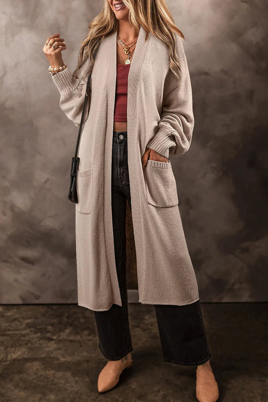 Shop Beige Side Pockets Open Front Long Knitted Cardigan at eAura