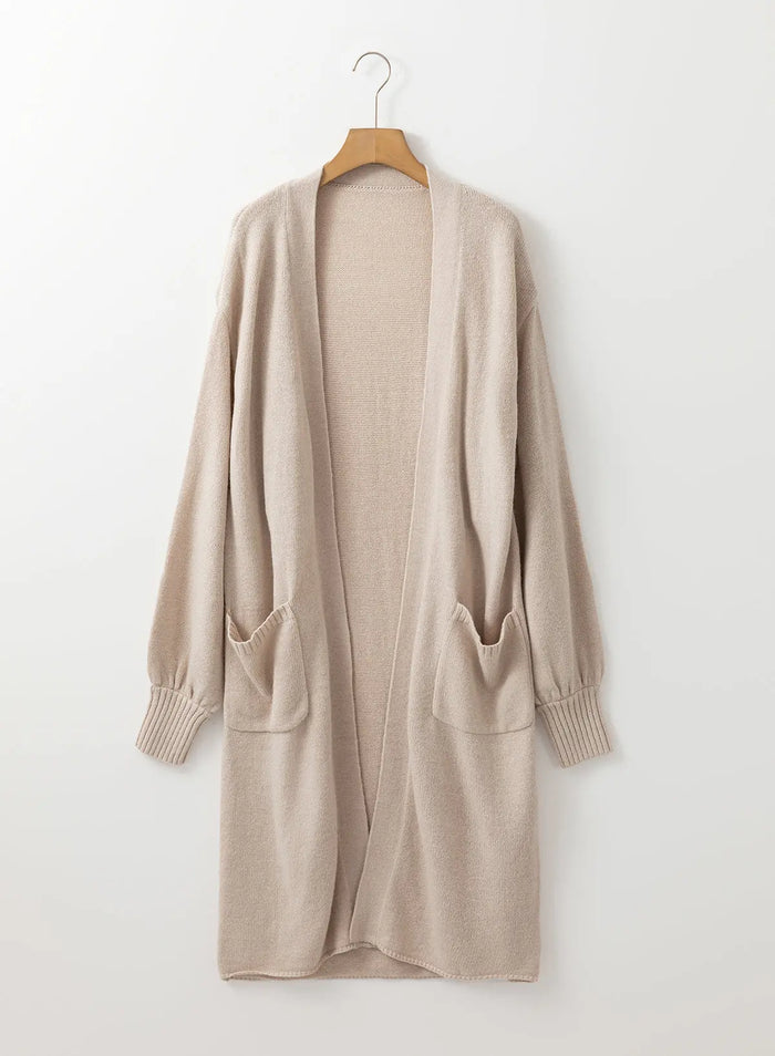 Shop Beige Side Pockets Open Front Long Knitted Cardigan at eAura