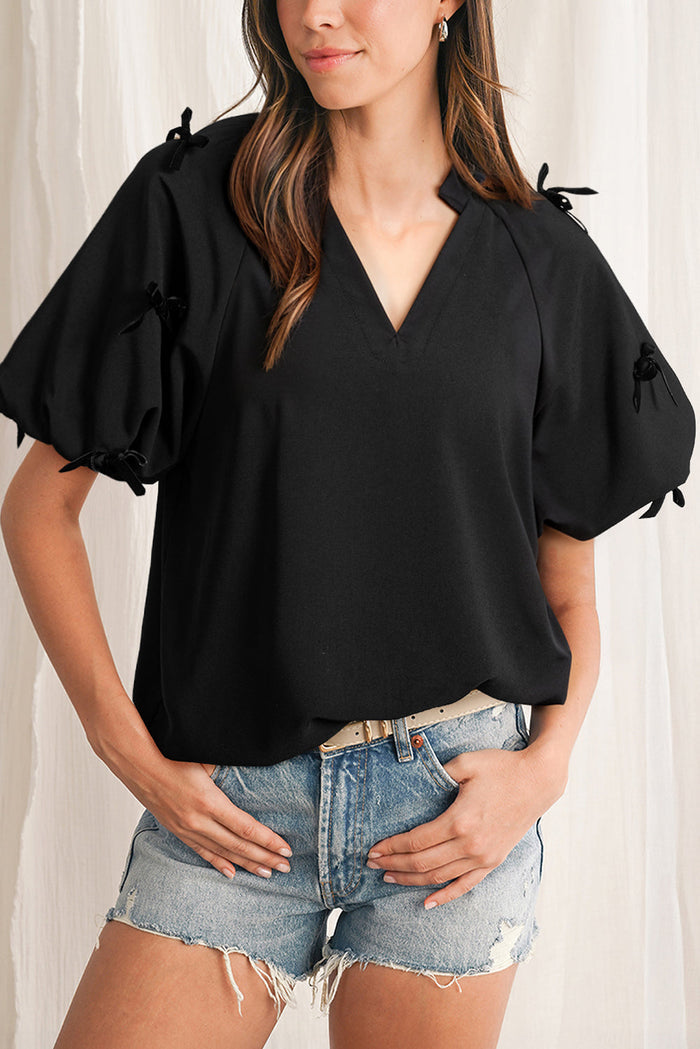 Black Bow Decor Puff Sleeve Split Neck Blouse - S - Tops/Blouses & Shirts
