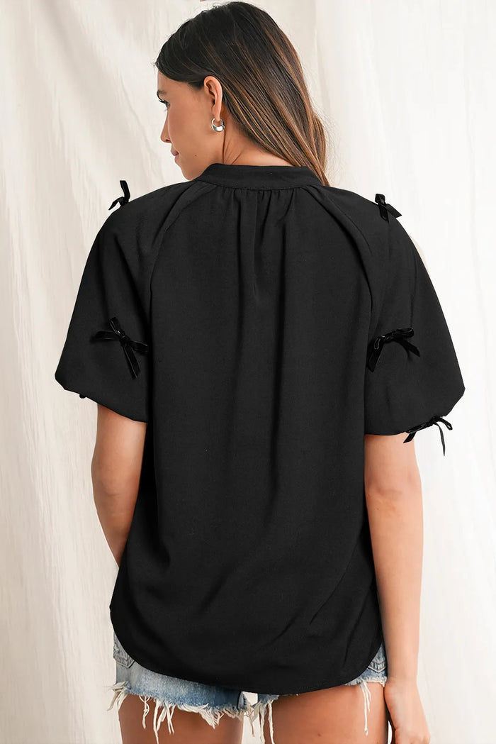 Black Bow Decor Puff Sleeve Split Neck Blouse - Tops/Blouses & Shirts