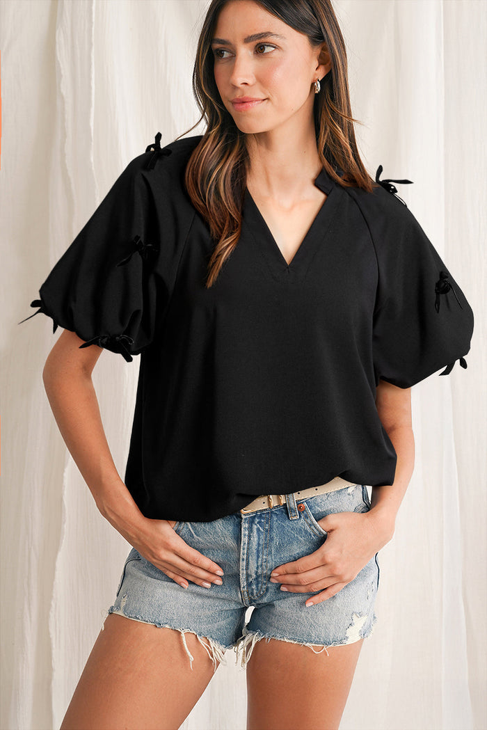 Black Bow Decor Puff Sleeve Split Neck Blouse - Tops/Blouses & Shirts