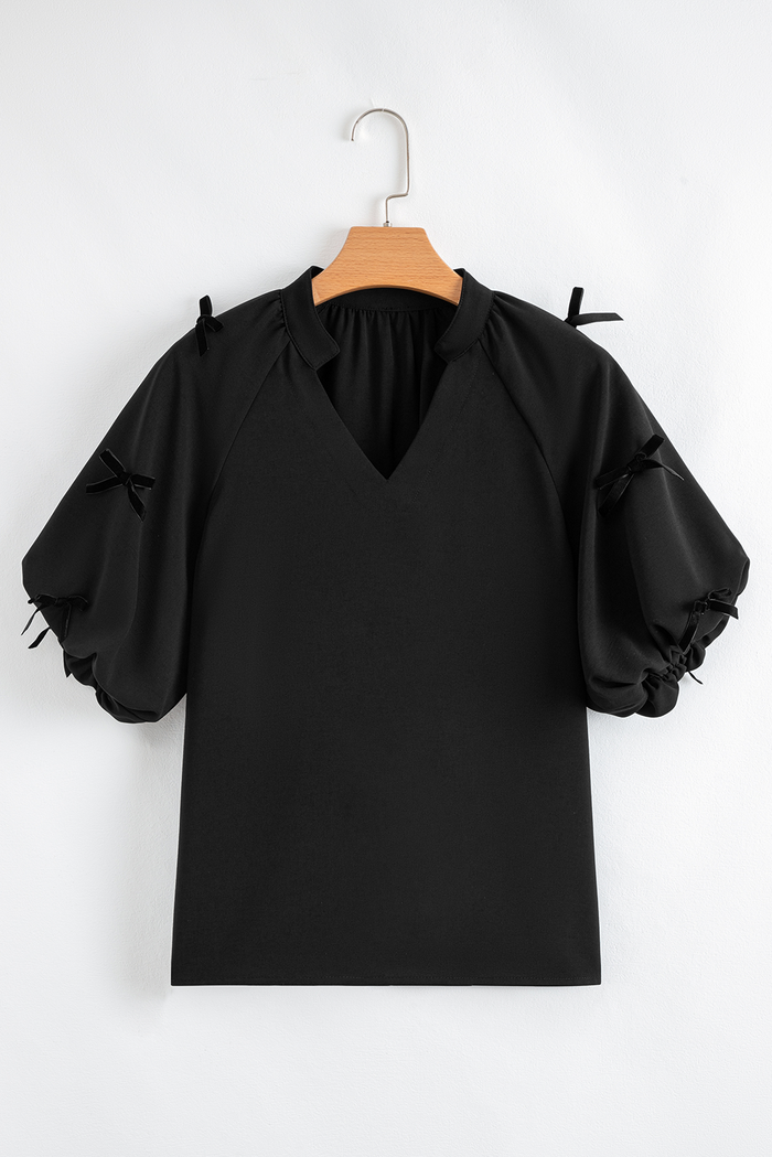 Black Bow Decor Puff Sleeve Split Neck Blouse - Tops/Blouses & Shirts