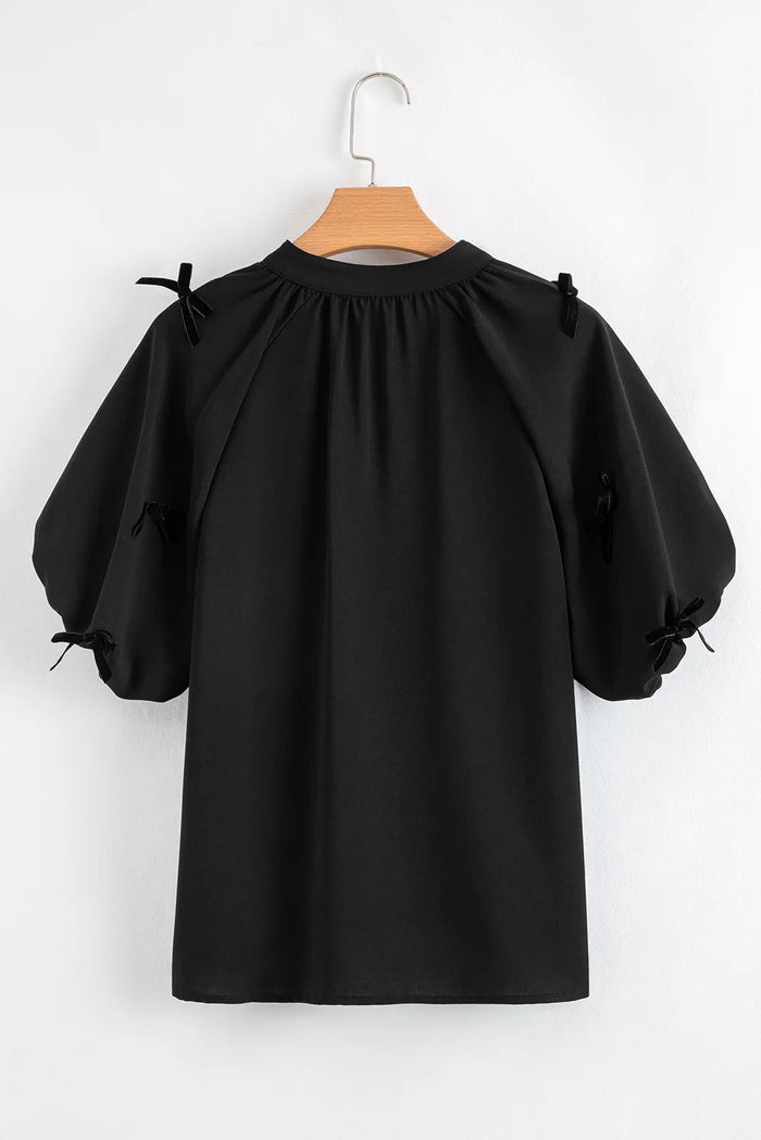 Black Bow Decor Puff Sleeve Split Neck Blouse - Tops/Blouses & Shirts