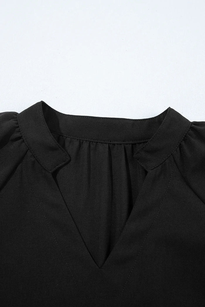 Black Bow Decor Puff Sleeve Split Neck Blouse - Tops/Blouses & Shirts