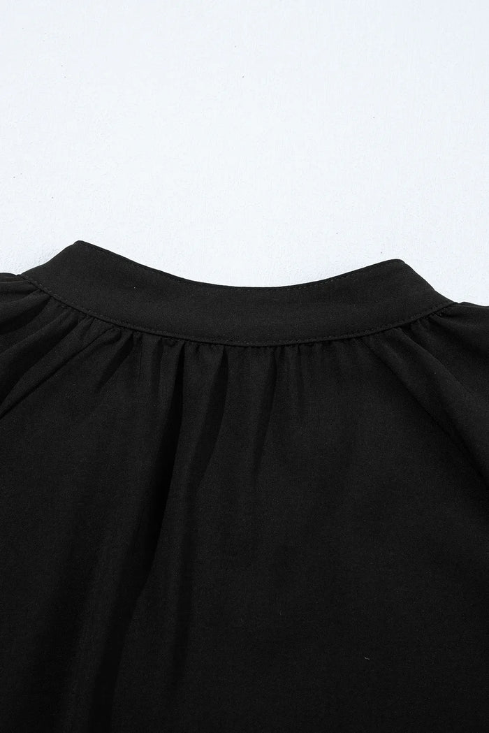 Black Bow Decor Puff Sleeve Split Neck Blouse - Tops/Blouses & Shirts