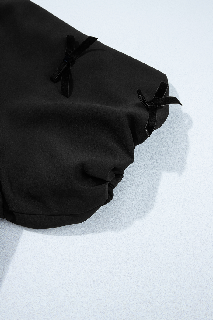 Black Bow Decor Puff Sleeve Split Neck Blouse - Tops/Blouses & Shirts