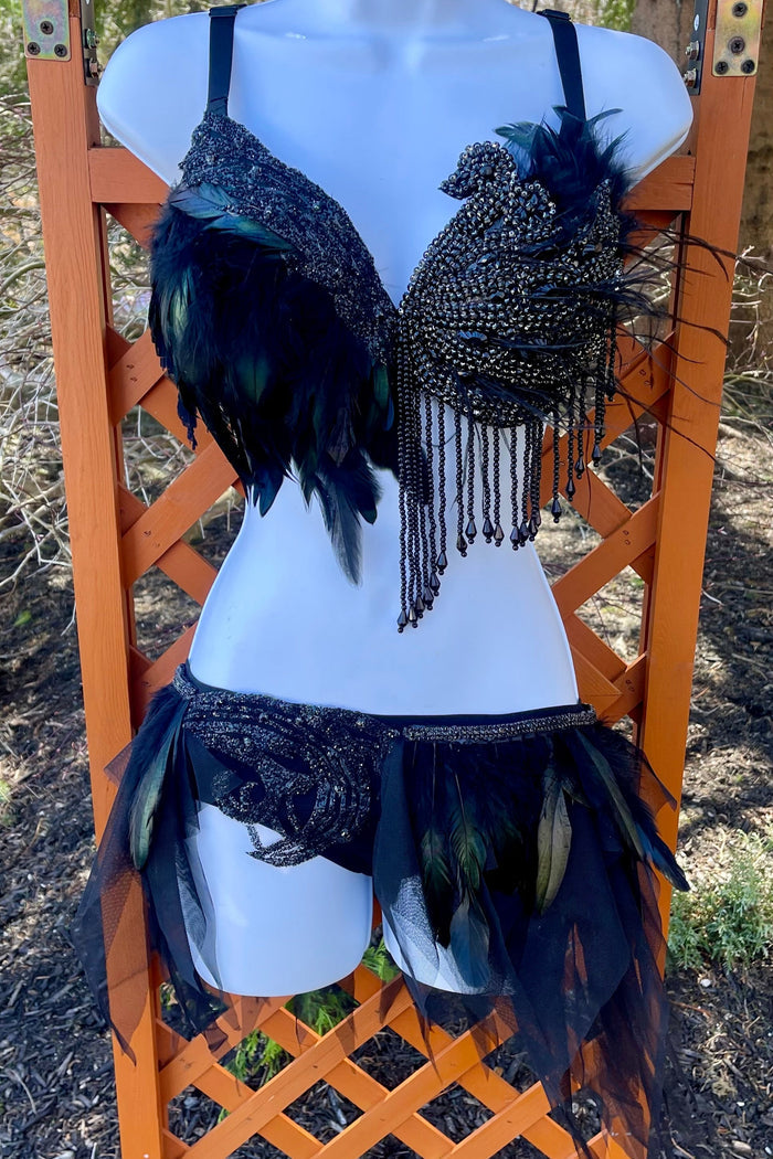 Black Feather Rhinestone Prima Ballerina Rave Bra and Skirt Bottom