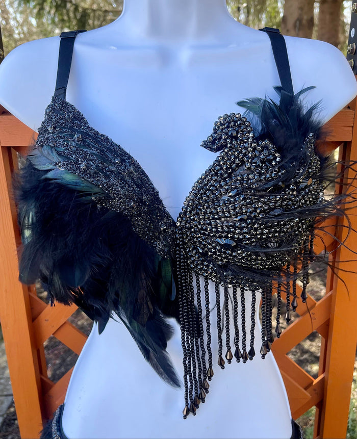 Black Feather Rhinestone Prima Ballerina Rave Bra and Skirt Bottom