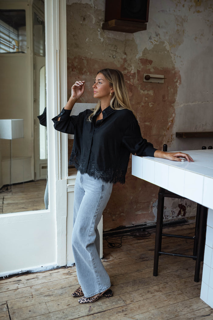 Model wearing black Ivan lace shirt