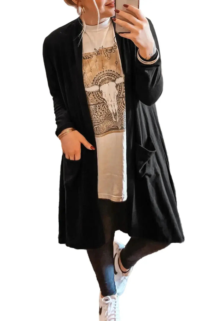 Shop Black Solid Color Open Front Cardigan with Pocket at eAura