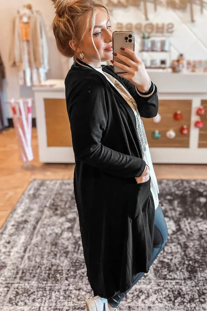 Shop Black Solid Color Open Front Cardigan with Pocket at eAura