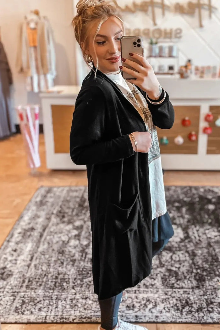 Shop Black Solid Color Open Front Cardigan with Pocket at eAura