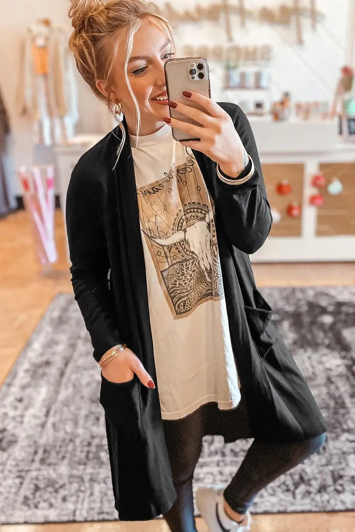 Shop Black Solid Color Open Front Cardigan with Pocket at eAura
