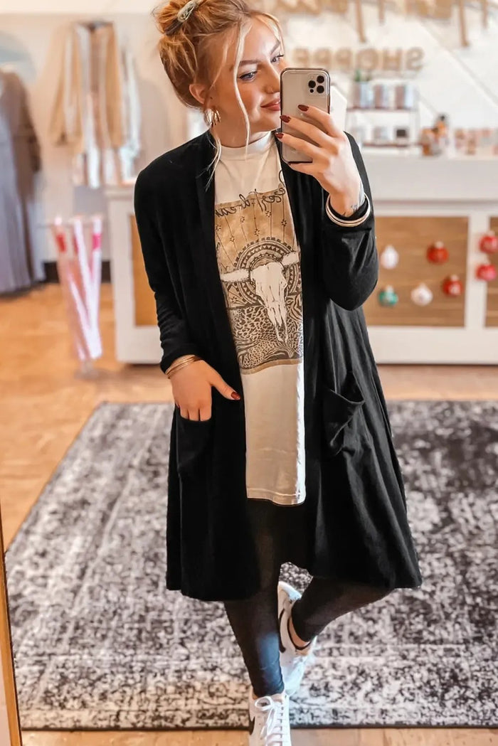 Shop Black Solid Color Open Front Cardigan with Pocket at eAura