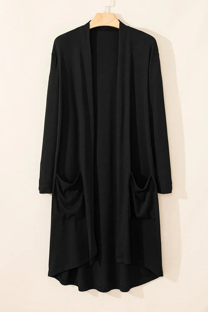 Shop Black Solid Color Open Front Cardigan with Pocket at eAura