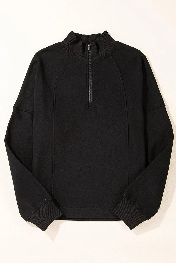 Shop Black Zipped Neck Pullover Drop Shoulder Sweatshirt at eAura