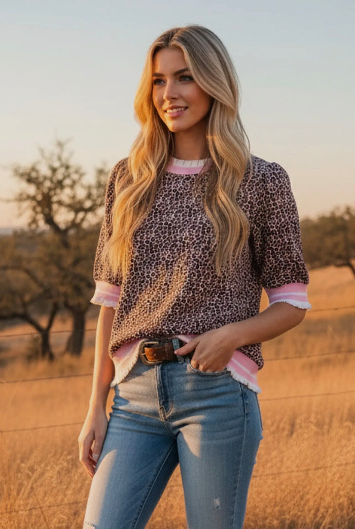 Blouse - Leopard Print Knit Top with Contrast Trim, Pink/Brown