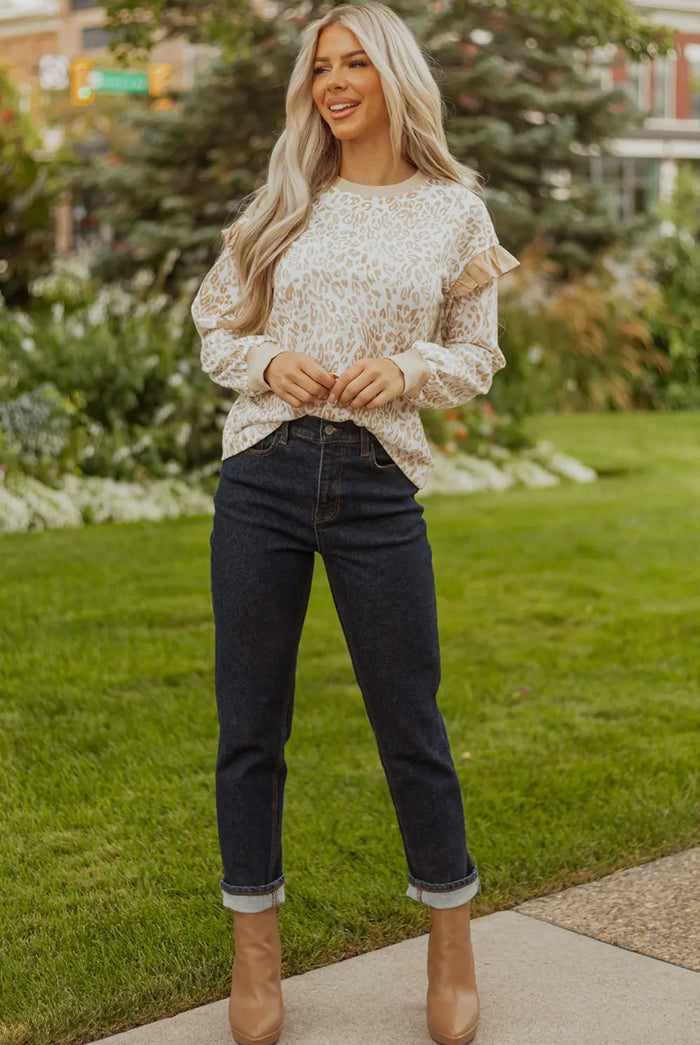 Blouse - Leopard Ruffle Round Neck Sweatshirt, Khaki