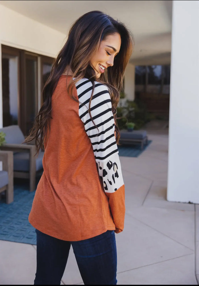 Blouse - Stripe Animal Print Nancy Top, Orange