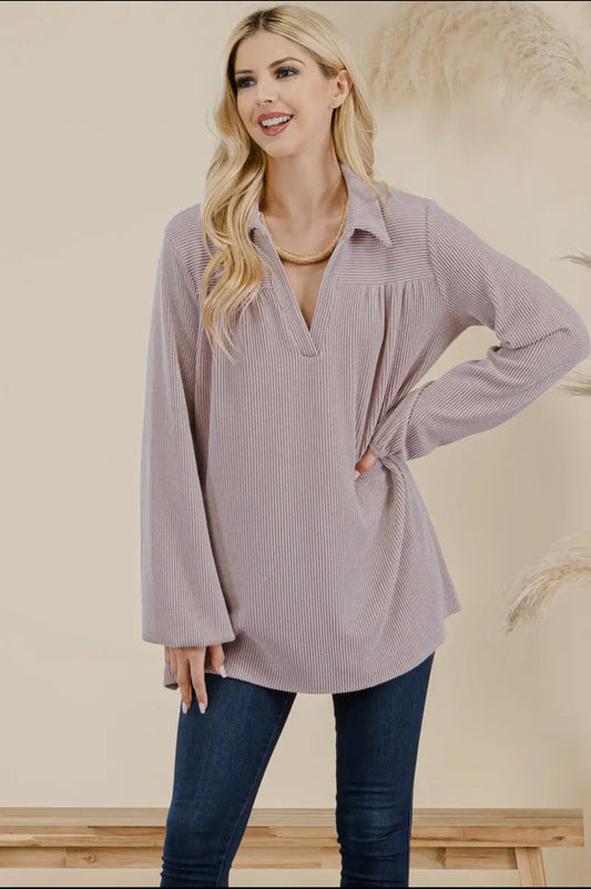 Blouse - Women’s Classic V-Neck Rib Long Sleeve Top, Mauve, Plus Size
