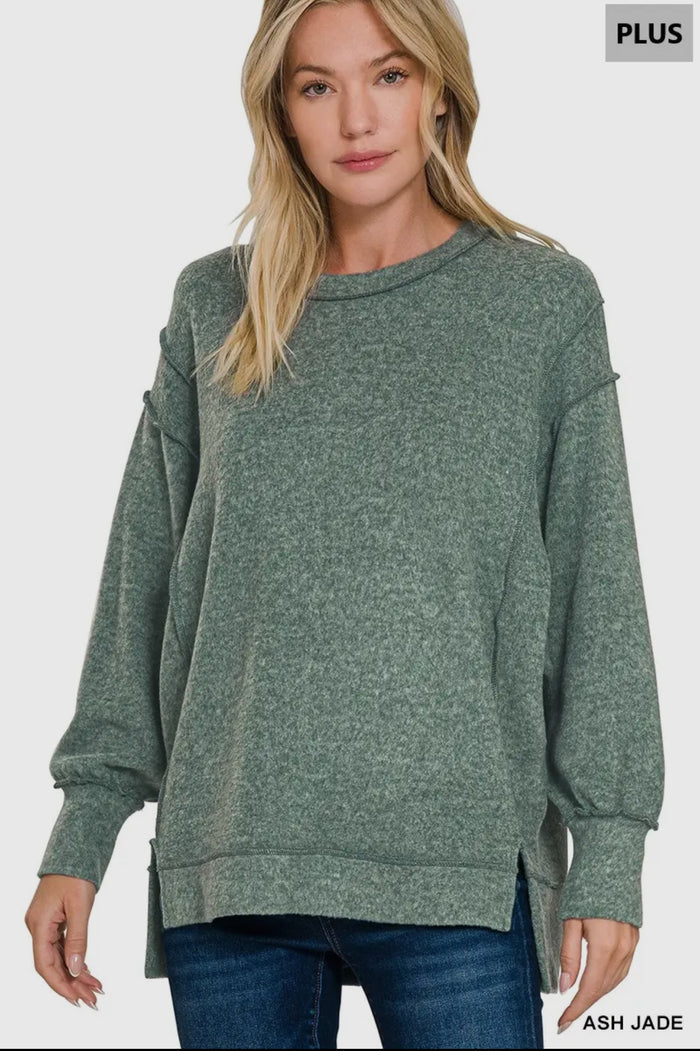 Blouse - Zenana Oversized Exposed Seam Sweater, Ash Jade, Plus Size