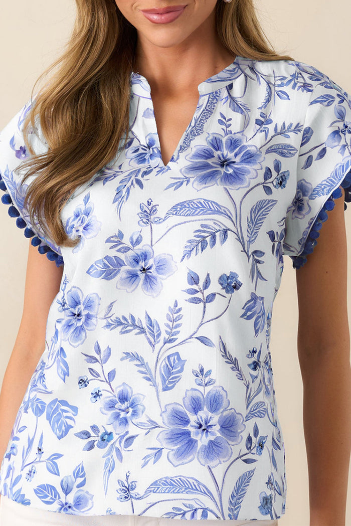 Blue Elegant Floral Print Ricrac Trim Short Sleeve Blouse - S / 100% Polyester - Tops/Blouses & Shirts
