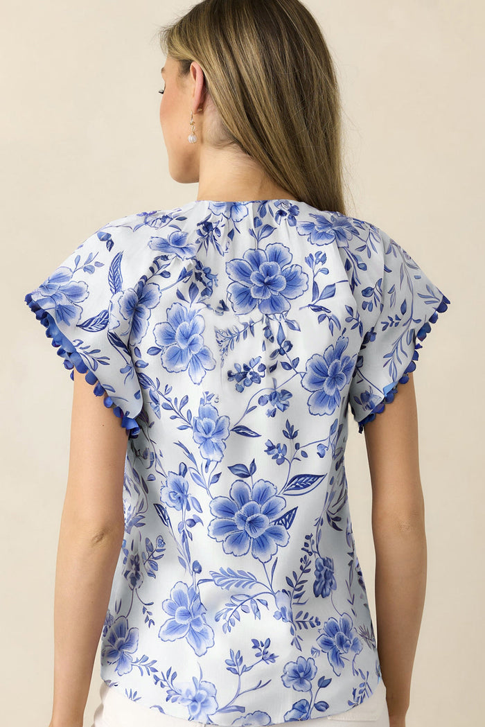 Blue Elegant Floral Print Ricrac Trim Short Sleeve Blouse - Tops/Blouses & Shirts