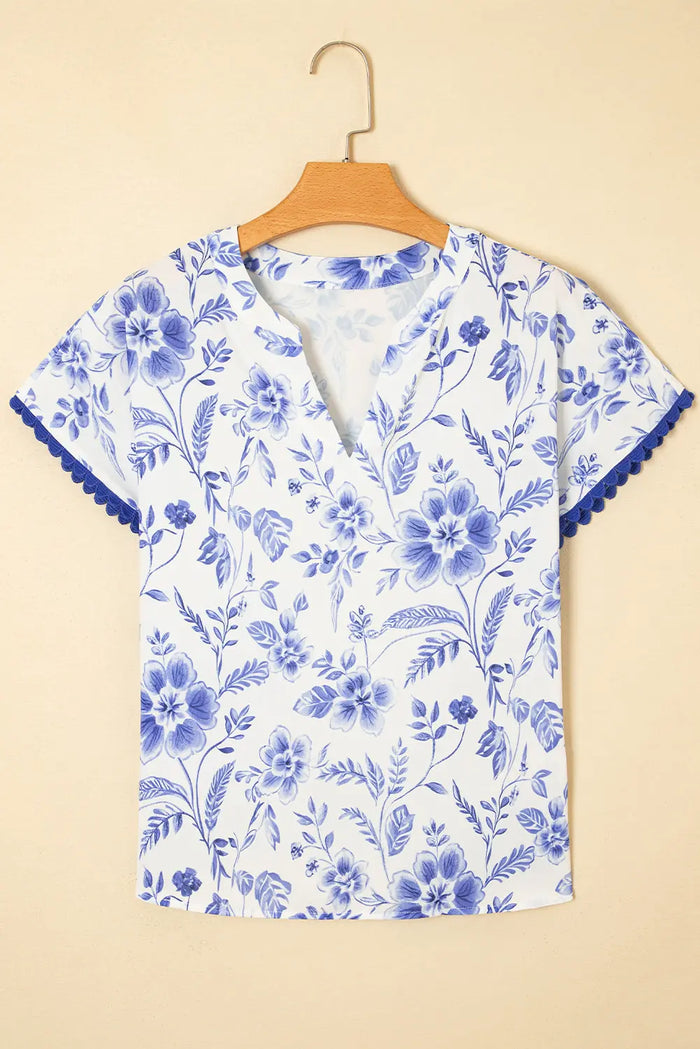 Blue Elegant Floral Print Ricrac Trim Short Sleeve Blouse - Tops/Blouses & Shirts