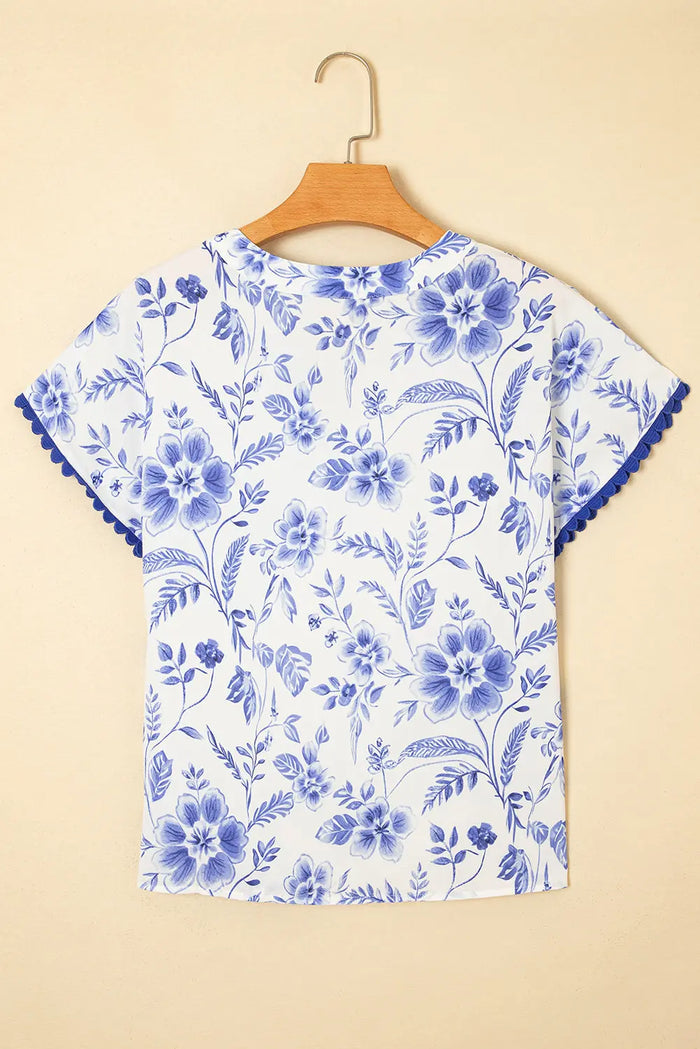 Blue Elegant Floral Print Ricrac Trim Short Sleeve Blouse - Tops/Blouses & Shirts
