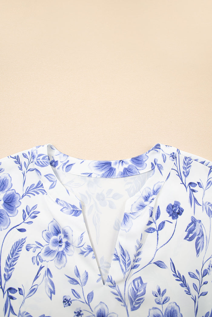 Blue Elegant Floral Print Ricrac Trim Short Sleeve Blouse - Tops/Blouses & Shirts