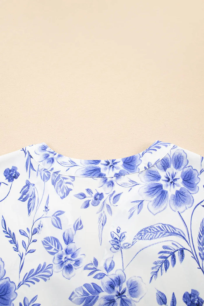 Blue Elegant Floral Print Ricrac Trim Short Sleeve Blouse - Tops/Blouses & Shirts