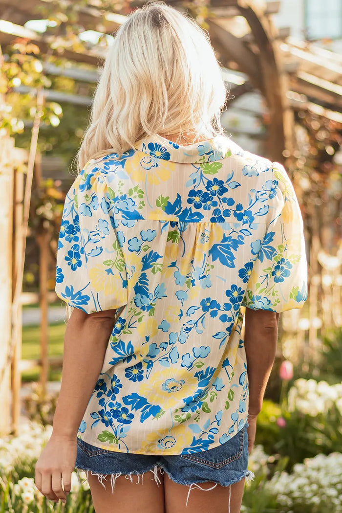 Blue Floral Striped Mixed Print Puff Short Sleeve Blouse - Tops/Blouses & Shirts