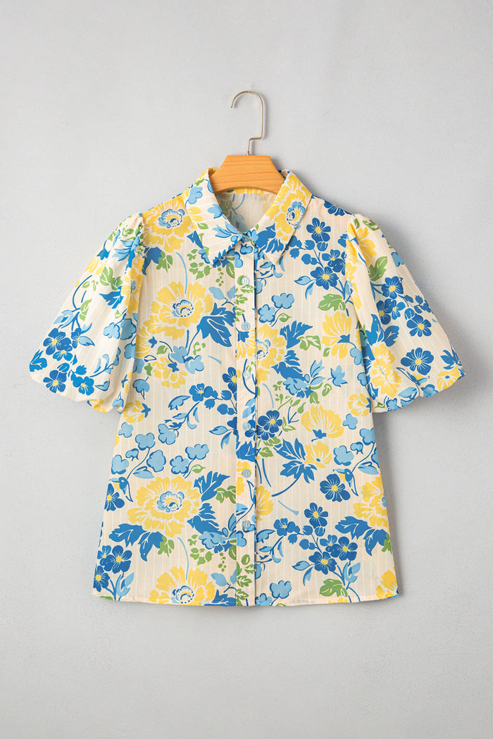 Blue Floral Striped Mixed Print Puff Short Sleeve Blouse - Tops/Blouses & Shirts