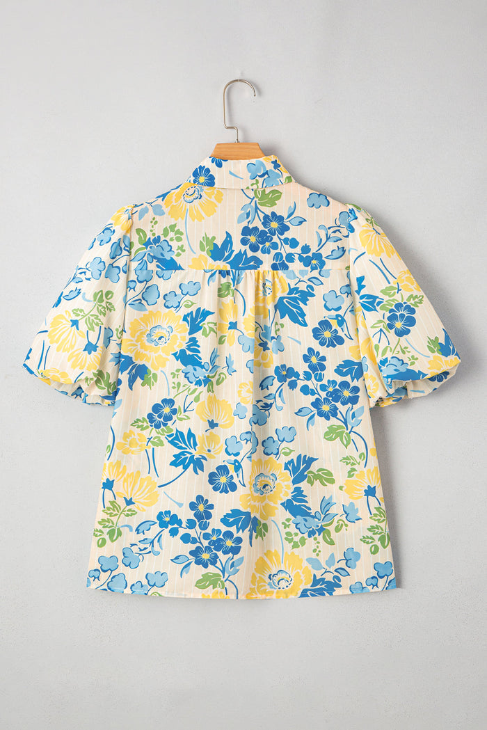 Blue Floral Striped Mixed Print Puff Short Sleeve Blouse - Tops/Blouses & Shirts