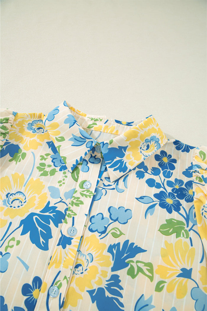 Blue Floral Striped Mixed Print Puff Short Sleeve Blouse - Tops/Blouses & Shirts
