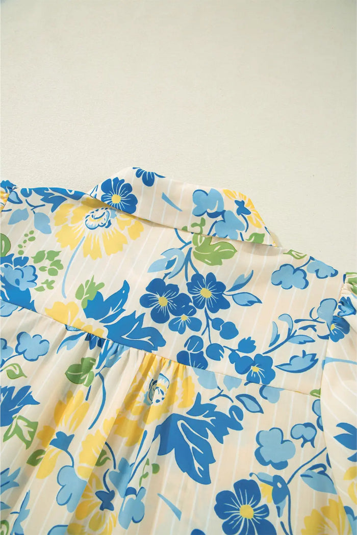 Blue Floral Striped Mixed Print Puff Short Sleeve Blouse - Tops/Blouses & Shirts