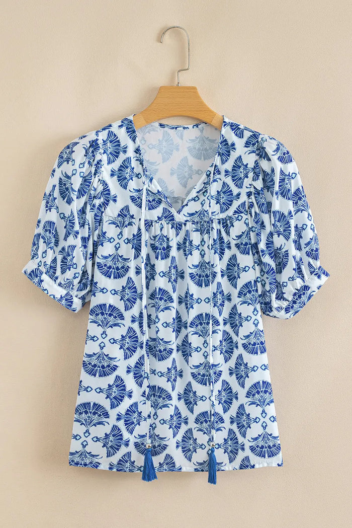 Blue Geometric Print Tassel Drawstring V-Neck Blouse - Tops/Blouses & Shirts