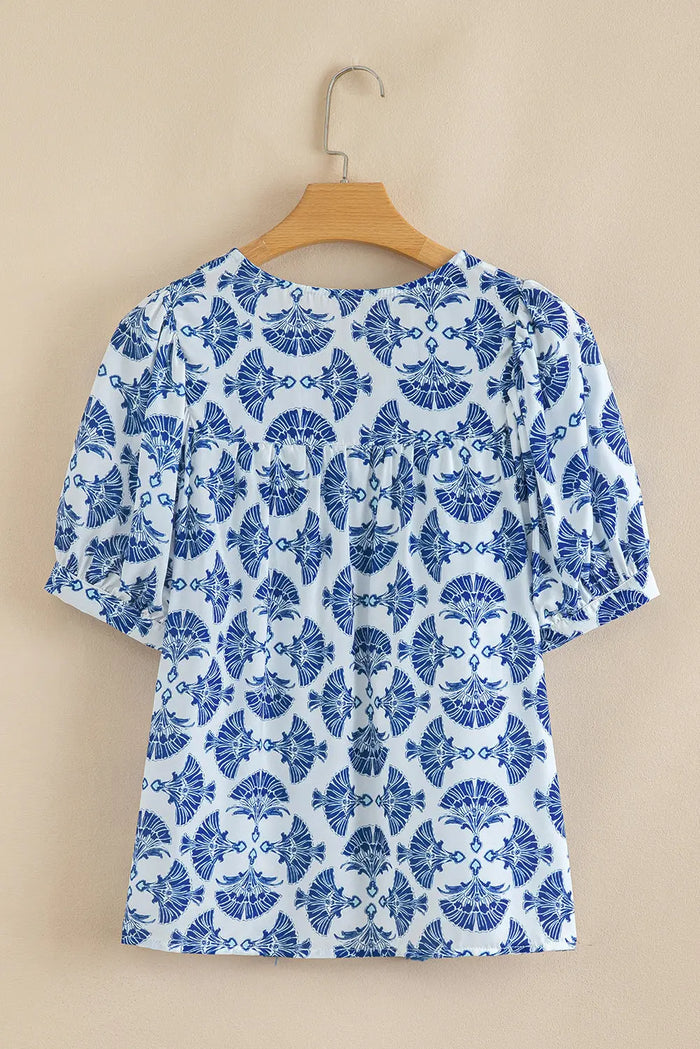 Blue Geometric Print Tassel Drawstring V-Neck Blouse - Tops/Blouses & Shirts