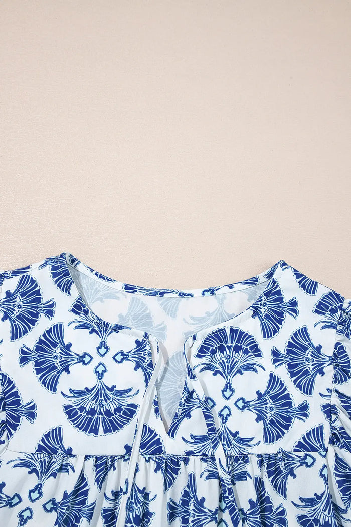 Blue Geometric Print Tassel Drawstring V-Neck Blouse - Tops/Blouses & Shirts